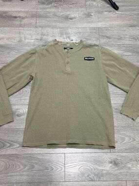 Harley Davidson Vintage Khaki Waffle Knit Henley Long Sleeve Shirt Thermal L